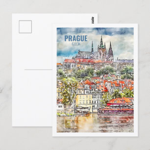 Carte Postale Prague Tchèque célèbre Voyage aquarelle croquis