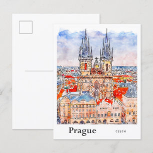 Carte Postale Prague Tchèque Voyage Aquarelle main tirée