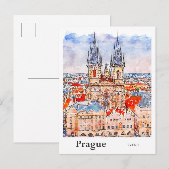 Carte Postale Prague Tchèque Voyage Aquarelle main tirée (Devant / Derrière)