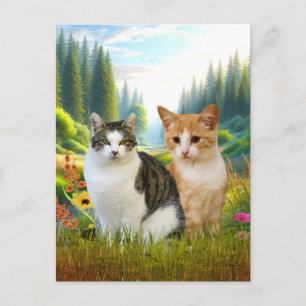 Carte Postale Pré fleur sauvage avec chats