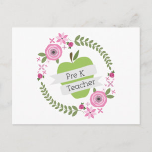 Carte Postale Pré K Enseignant Floral Wreath Green Apple