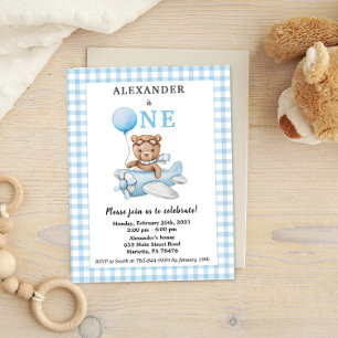 Carte Postale Premier Anniversaire Ours Bleu Teddy en avion