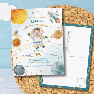 Carte Postale Premier voyage autour de la photo d'espace d'anniv