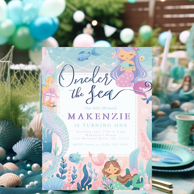 Carte Postale Première année de naissance Sirène (First Birthday Unser the sea invitations postcard.)