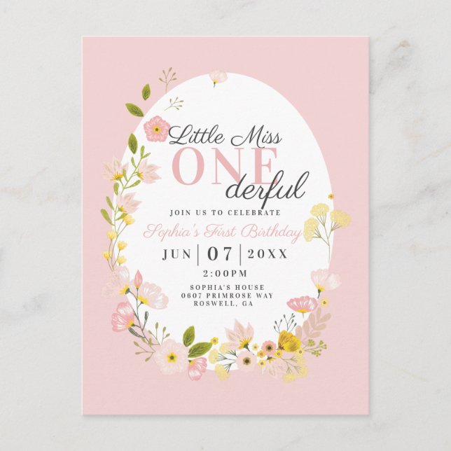 Carte Postale Première Anniversaire petite miss one derful Invit (Devant)