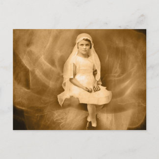 Carte Postale Première Communion vintage fille, Robe, Voile, Ros