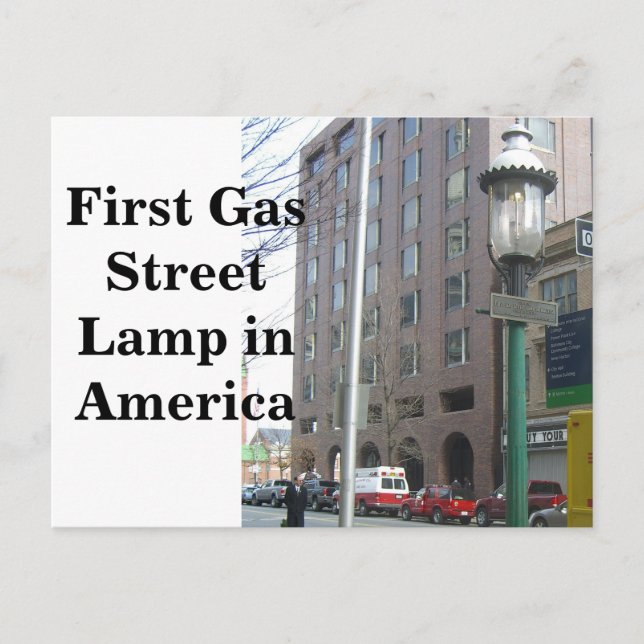 Carte Postale Première Lampe de rue au gaz en Amérique (Devant)