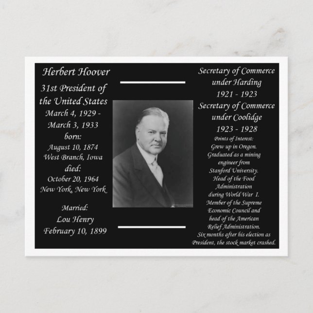 Carte Postale Président Herbert Hoover (Devant)