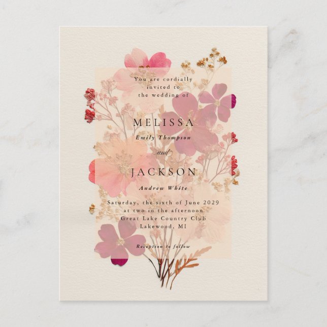 Carte Postale Pressé rose rouge et crème, Mariage floral Invitat (Devant)