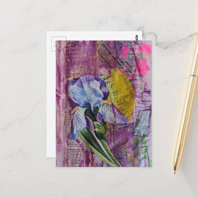 Carte Postale Pretty Iris Flower pink stars mixed media collage  (Devant/Arrière en situation)