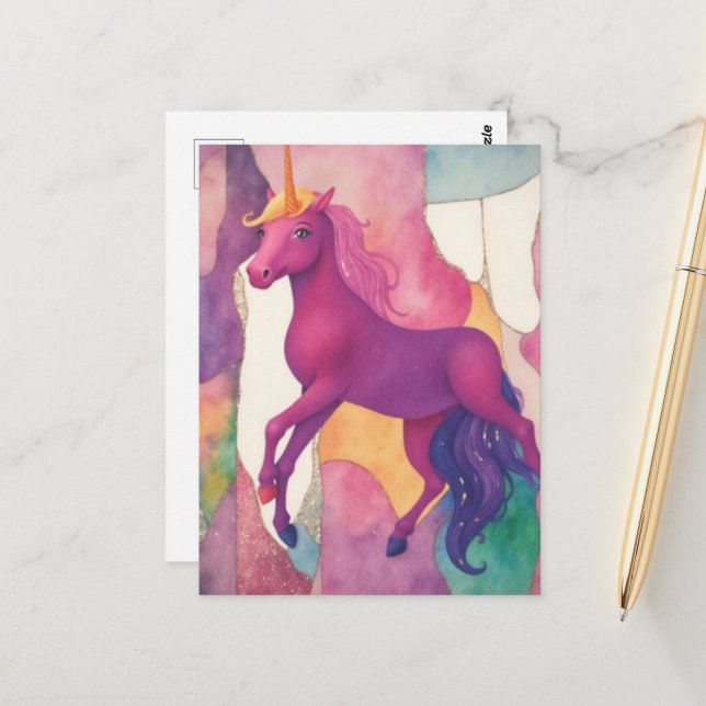 Carte Postale Pretty Purple Unicorn (Devant/Arrière en situation)