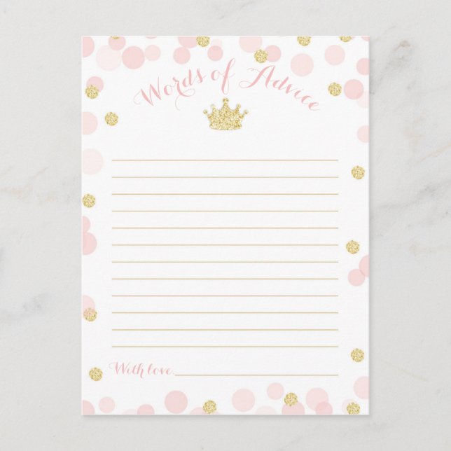 Carte Postale Princesse Baby shower de la Couronne Mots de conse (Devant)