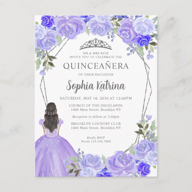 Carte Postale Princesse florale en argent violet Tiara Quinceañe (Devant)