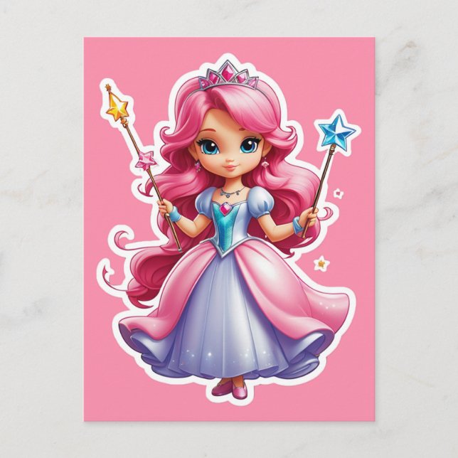 Carte Postale Princesse Rose Avec Baguette Magique Et Tiara (Devant)