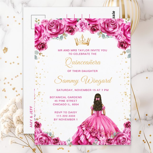 Carte Postale Princesse rose chaude Floral Quinceañera (Créateur téléchargé)
