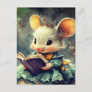 Carte Postale Princesse Souris Adorable Lisant un Livre