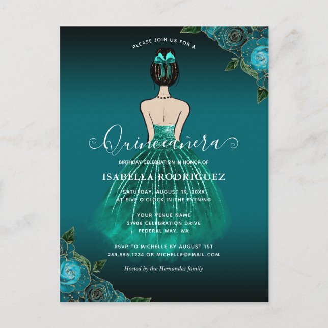 Carte Postale Princesse Télée Florale Or Quinceañera Anniversair (Devant)