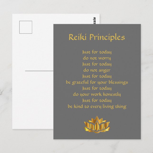Carte Postale Principes de Reiki Gris et Or (Devant / Derrière)