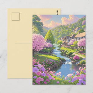 Carte Postale Printemps rose fleurit Pittoresque Riverside Natur