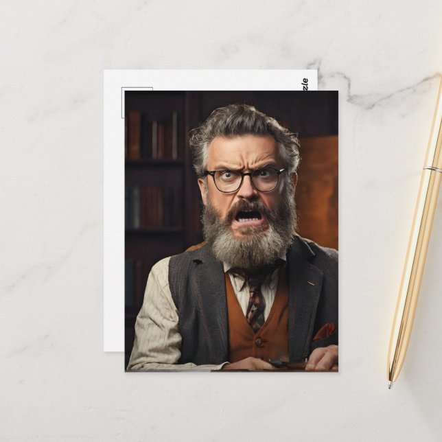 Carte Postale Professeur fou fou avec barbe (Devant/Arrière en situation)