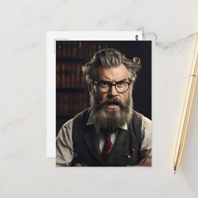 Carte Postale Professeur fou fou avec barbe (Devant/Arrière en situation)