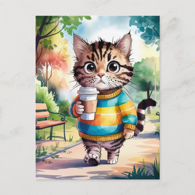 Carte Postale Promenade en chats dans le parc avec café (Devant)