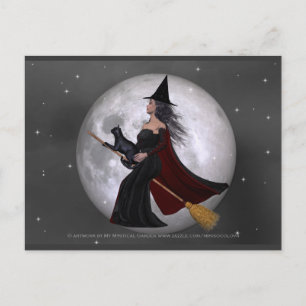Carte Postale Promenade nocturne : Sorcière et son chat équitati