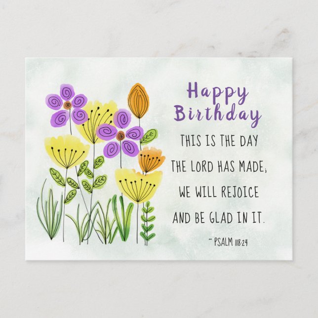 Carte Postale Psaume 118:24 Jolies fleurs d'aquarelle Anniversai (Devant)