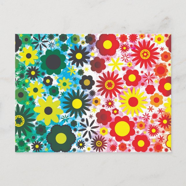 Carte Postale Psychédélique 60s Rouge Vert Fleurs Motif (Devant)