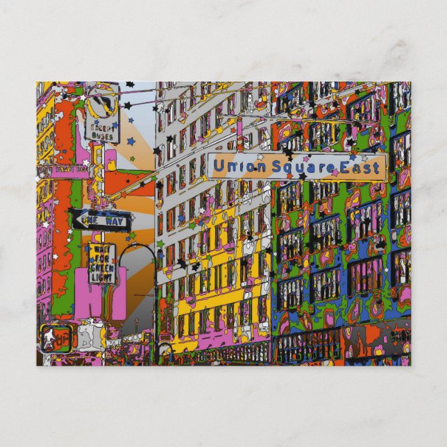 Carte Postale Psychedélique NYC : Union Carré Building, St Sign  (Devant)