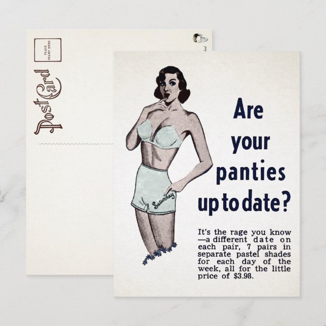 Carte postale publicitaire pour culottes vintage  (Devant / Derrière)