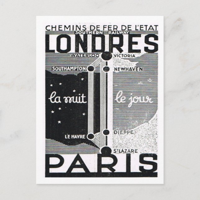 Carte Postale Publicité, affiche ferroviaire Londres à Paris (Devant)