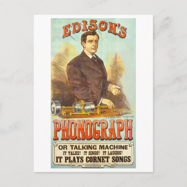 Carte Postale Publicité ancienne pour le phonographe d'Edison (Devant)