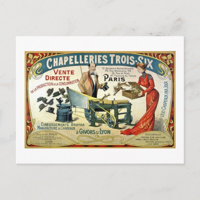 Carte Postale Publicité française vintage - Chapelleries1890 (Devant)