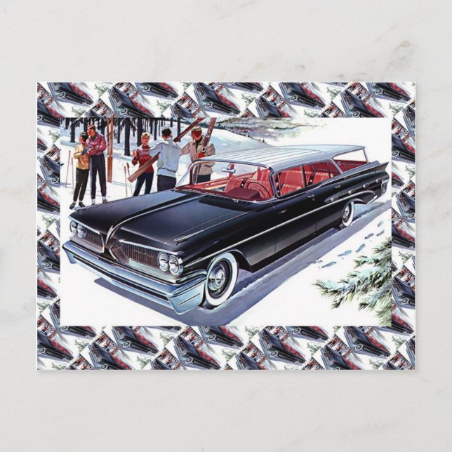 Carte Postale Publicité pour voitures anciennes, Ski en voiture (Devant)