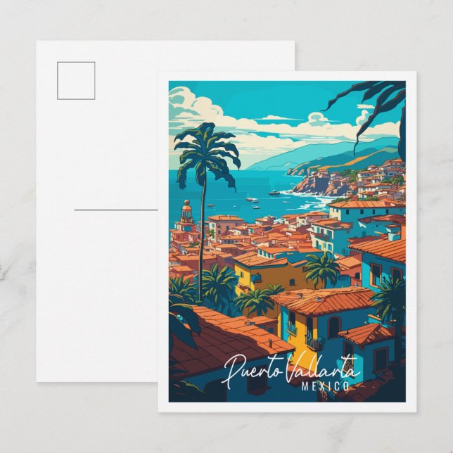 Carte Postale Puerto Vallarta Mexique illustration de voyage vin (Devant / Derrière)