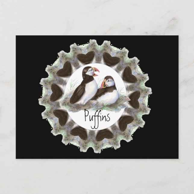 Carte Postale Puffins d'aquarelle avec Coeurs pour les fans de P (Devant)