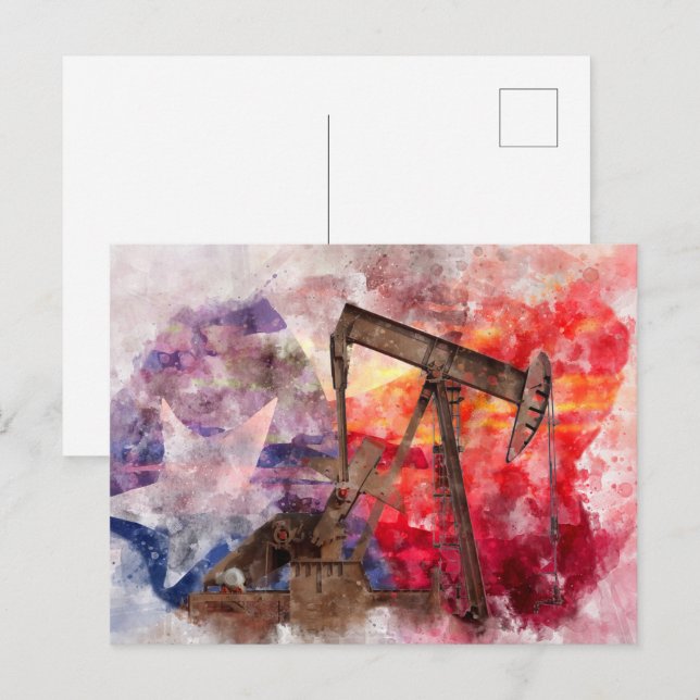 Carte Postale Pumpjack Texan icône aquarelle avec Texas Flag (Devant / Derrière)
