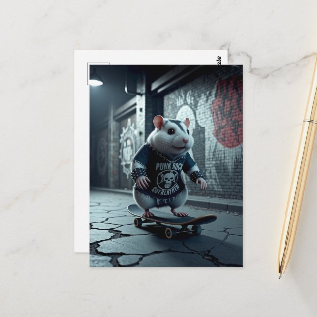 Carte Postale Punk Rock Goth Skateboard Hamster (Devant/Arrière en situation)