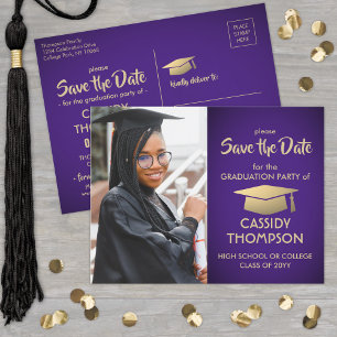 Carte Postale Purple and Gold Graduation Photo Enregistrer la da