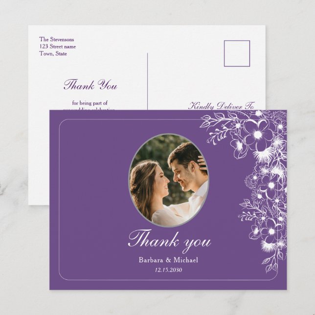 Carte Postale Purple Floral Photo Wedding Thank You (Devant / Derrière)