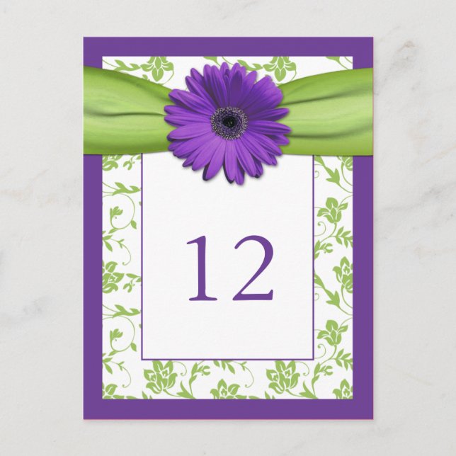 Carte Postale Purple Gerber Daisy Green Damask Numéro de la cart (Devant)