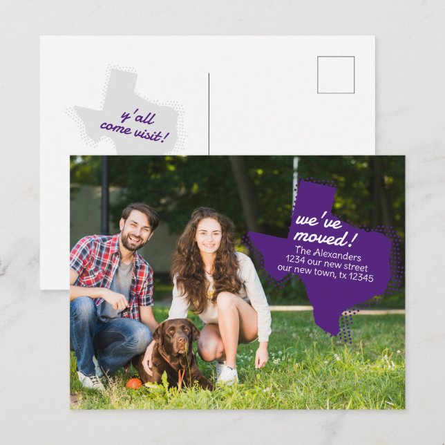 Carte Postale Purple Nous Avons Déménagé - Dotted Texas Moving (Devant / Derrière)