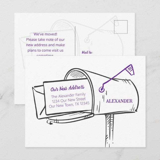 Carte Postale Purple Nous avons Déplacé la boîte aux lettres en  (Devant / Derrière)