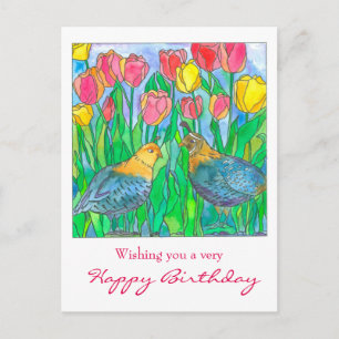 Carte Postale Quail Tulip Garden Joyeux anniversaire
