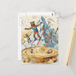 Carte Postale quatre ours skient vers un bol de porridge