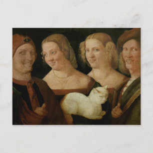 Carte Postale Quatre personnes rient à la vue d'un chat