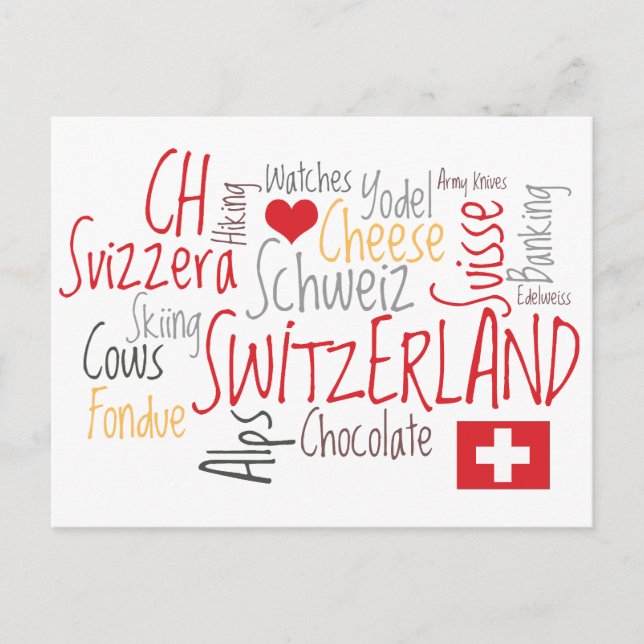 Carte Postale Que J'Aime De Suisse, Fromage, Chocolat (Devant)