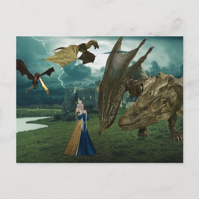 Carte Postale Queen et Dragons Wyvern Fire Brething Castle (Devant)