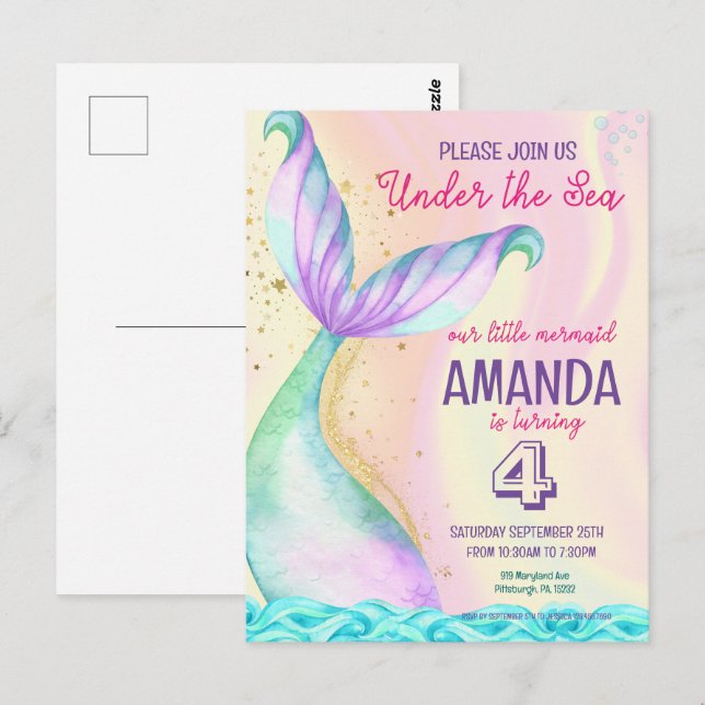 Carte Postale Queue de sirène Aquarelle Anniversaire Sous l'océa (Devant / Derrière)
